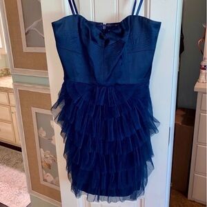 BCBGMAXAZRIA navy blue satin ruffle strapless mini dress